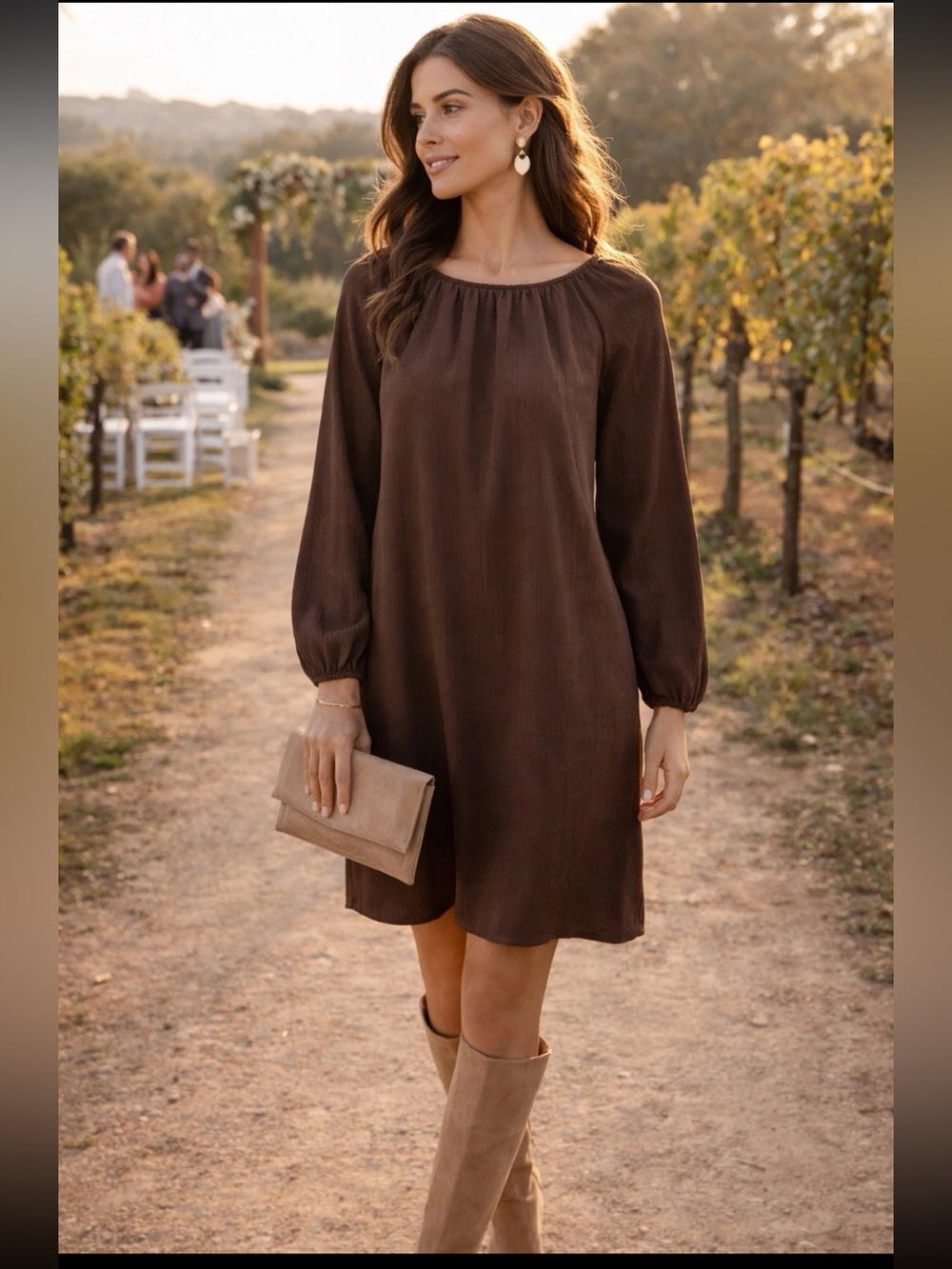 LOFT Outlet Brown Textured Shift Dress Medium Long Sleeve Fall Wedding Lagenlook
